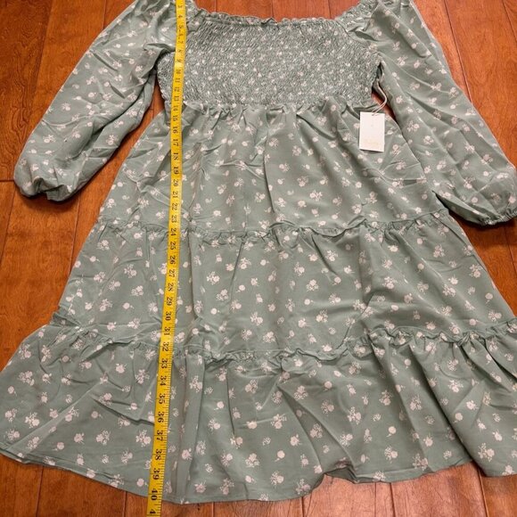 Winslow Smocked Midi Dress Size 1X Puff Sleeve Green Floral Ruffle Milk Maid - Picture 7 of 12